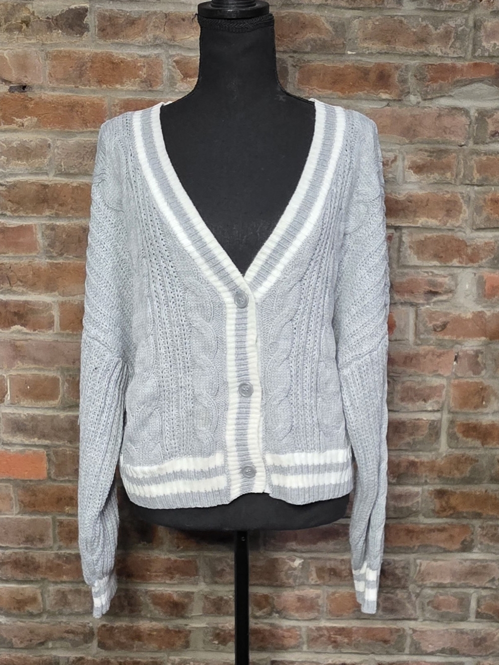 SO Gray Varsity Cardigan Sweater XL White Striped Collegiate Chunky V-Neck